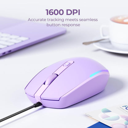 Wired Mouse - USB Computer Mice Wired with RGB Backlit Optical LED Mouse with Attached USB Cord for Laptops Notebooks Chromebook - Purple