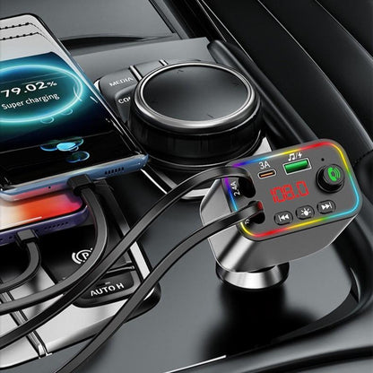 4-In-1 Retractable Car Charger: Dual USB Ports,Adjustable Frequency 87.5-108 Wireless Radio, Bluetooth Adapter& Charger,Mp3 Player (TF Card/Usb Supported) with Bluetooth-Compatible, 7-Color LED & Hands-Free Calling – Works with Iphone 11 to 15 Pro Max