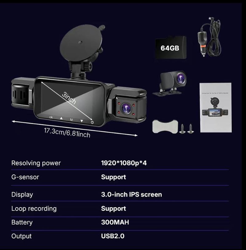4 Channel Dash Cam with 360° Surround View Includes FREE OBD Cable for 24/7 Parking Monitor 4 Lens Front Rear inside Left Right Recording 4" Display, Built-In Wifi, 64GB Card Clear Night Vision, Hdr，Automotive Driving Recorder