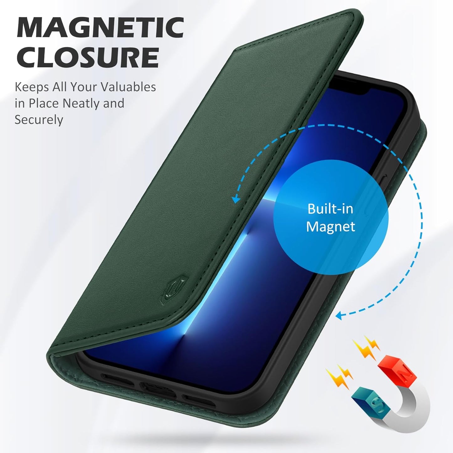 Case for Iphone 13, Genuine Leather Wallet Folding Case with Kickstand RFID Blocking Card Slots Magnetic Shockproof Cover Compatible with Iphone 13 5G (6.1" 2021) - Midnight Green