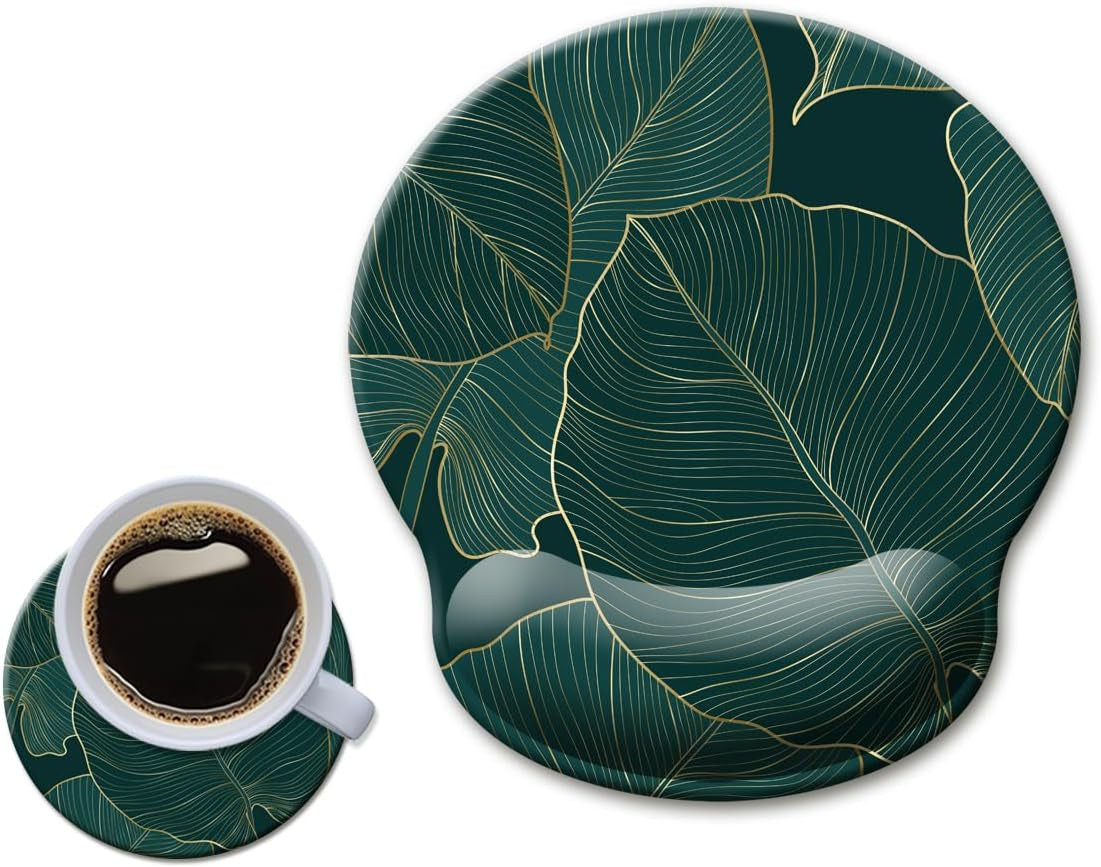 Ergonomic Mouse Pad with Wrist Support Gel, Comfortable Laptop Mouse Pad with Non-Slip Rubber Base, Green Leaves