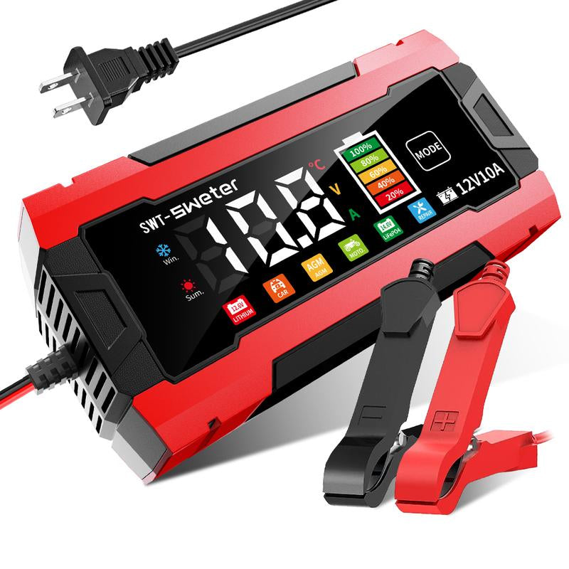 12V 10A Smart Car Battery Charger - US Pulg, Fully-Automatic Maintainer/Temperature Compensation & LCD Display, AC Adapter (110-240V), Suitable for AGM, Gel, SLA & More
