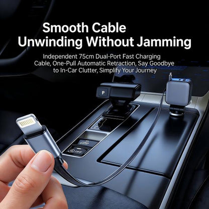 Four-In-One Retractable Car Charger, 80W Super Fast Charging, Dual Coiled Cables with 2 USB Ports, Compatible with Iphone 15/14/13/12 Pro Max & Galaxy S23 & More Bluetooth Phones
