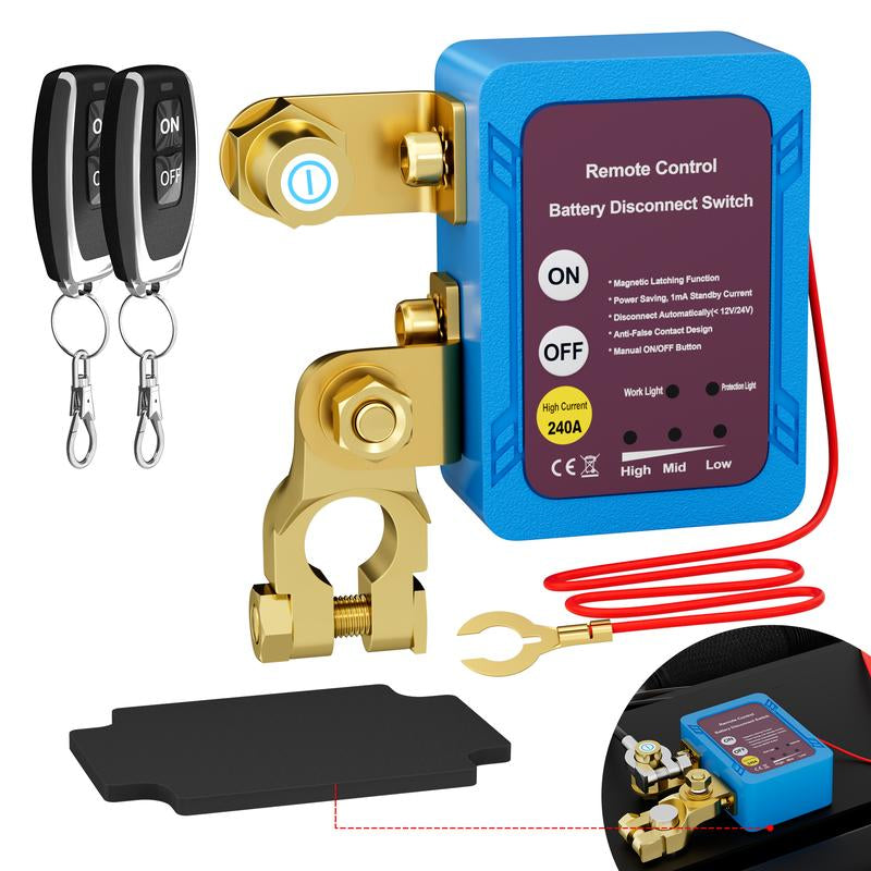 Eunik Dc 12V 240A Wireless Remote Battery Disconnect Switch, Two Key Operation for Cars, Quick Power Cut off Feature Smart