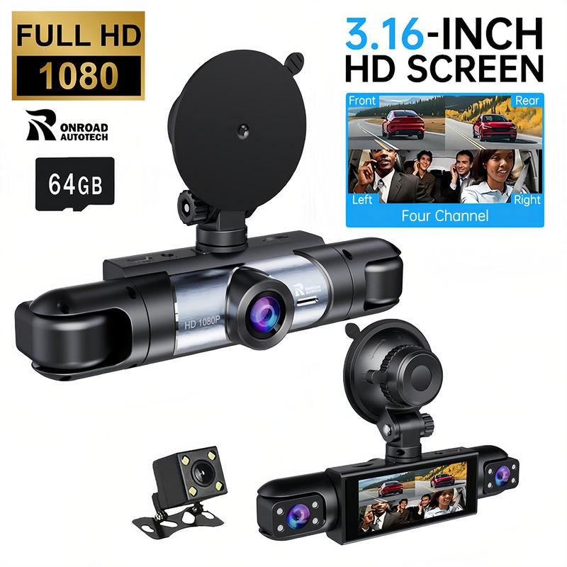 ONROAD AUTOTECH-4 Channel Car Dash Cam,1080P Car DVR with 64GB Memory Card，Car Video Surveillance with Night Vision，24/7Parking Mode Car DVR Hd Screen Front Rear Left and Right Dashcam