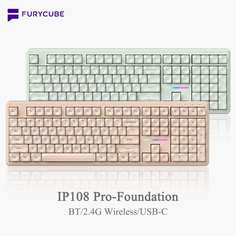 FURYCUBE IP108 Foundation Gaming Keyboard, 108 Keys Keyboard Tri-Mode Cute Keyboard Classic Keyboard with Number Pad, Media Knob Custom Mechanical Feel Keyboard, RGB Backlit Ergonomic Office Silent Computer Keyboard for PC, MAC, PS4, Xbox ONE Gamer