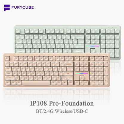 FURYCUBE IP108 Foundation Gaming Keyboard, 108 Keys Keyboard Tri-Mode Cute Keyboard Classic Keyboard with Number Pad, Media Knob Custom Mechanical Feel Keyboard, RGB Backlit Ergonomic Office Silent Computer Keyboard for PC, MAC, PS4, Xbox ONE Gamer
