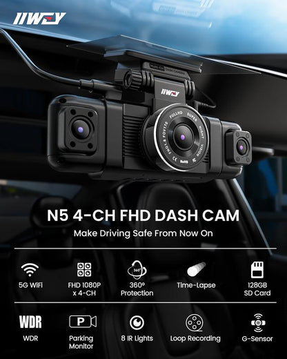 IIWEY N5 4 Channel Dash Cam 360° View 1080P Front & Rear 8 IR Lamps Night Vision 5G Wifi APP Control G-Sensor Parking Mode 128GB SD Card Included Side Camera
