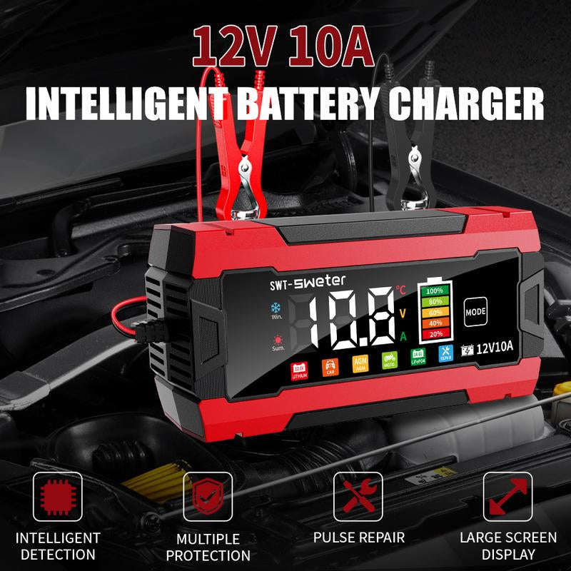 12V 10A Smart Car Battery Charger - US Pulg, Fully-Automatic Maintainer/Temperature Compensation & LCD Display, AC Adapter (110-240V), Suitable for AGM, Gel, SLA & More