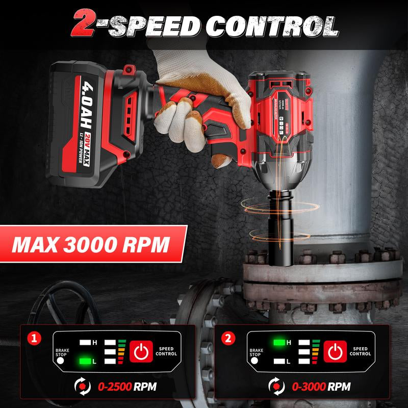 VERVEWAVE 20V Cordless Impact Wrench 1/2" High Torque Gun Kit - 300 Ft-Lbs (400N.M) for Car Tires & Lug Nuts - Includes 4.0Ah Battery, Fast Charger, 4 Sockets & Case