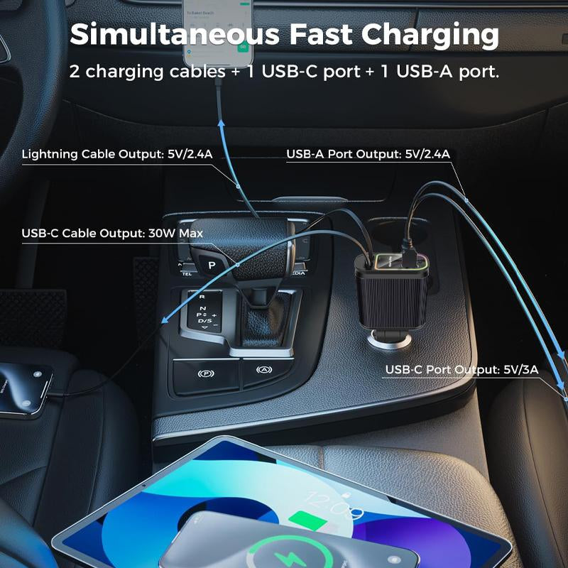 Fast Car Charger with Starlight 4-In-1 Retractable Car Charger with Built-In Double Cable Voltage Display 31.5 Inch Range Built-In Starlight Projector