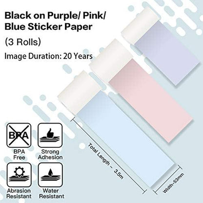 Multicolor Self-Adhesive Thermal Paper, Glossy Printable Sticker Paper Label for  M02/M02 Pro/M02S/P2S/M03/M04S Mini Sticker Printer, 50Mm X 3.5M, Diameter 28Mm, 3-Rolls