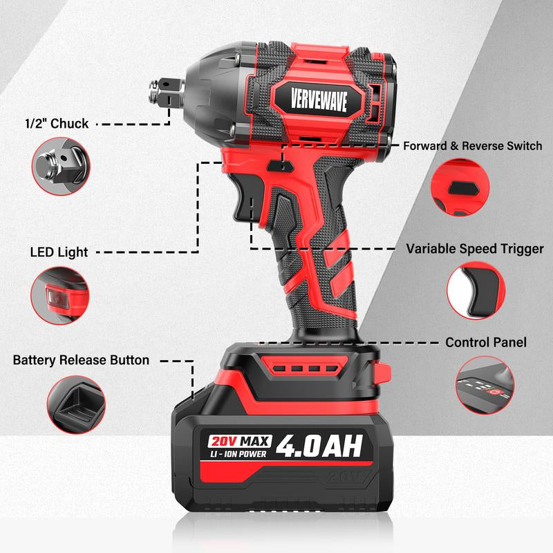 VERVEWAVE 20V Cordless Impact Wrench 1/2" High Torque Gun Kit - 300 Ft-Lbs (400N.M) for Car Tires & Lug Nuts - Includes 4.0Ah Battery, Fast Charger, 4 Sockets & Case