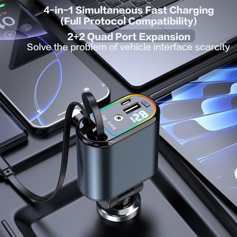 Retractable Car Charger Adapter for Iphone 17,4 in 1 Fast Charging Car Phone Charger,120W USB C Car Truck Accessories,Road Trip Essentials Gift for Men Women for Iphone 17 Pro Max/16/15/14/13/12,Galaxy