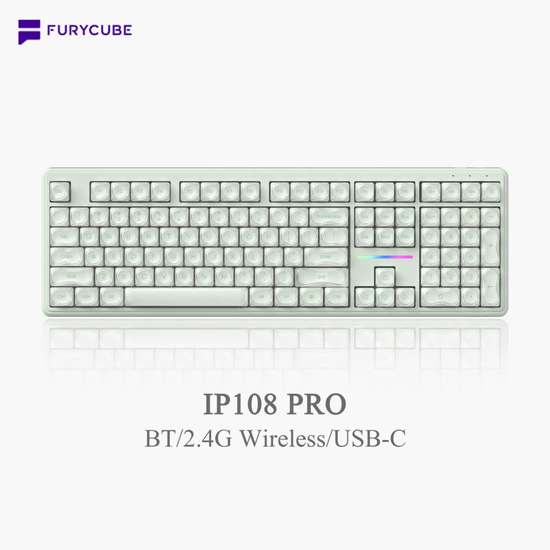 FURYCUBE IP108 Foundation Gaming Keyboard, 108 Keys Keyboard Tri-Mode Cute Keyboard Classic Keyboard with Number Pad, Media Knob Custom Mechanical Feel Keyboard, RGB Backlit Ergonomic Office Silent Computer Keyboard for PC, MAC, PS4, Xbox ONE Gamer