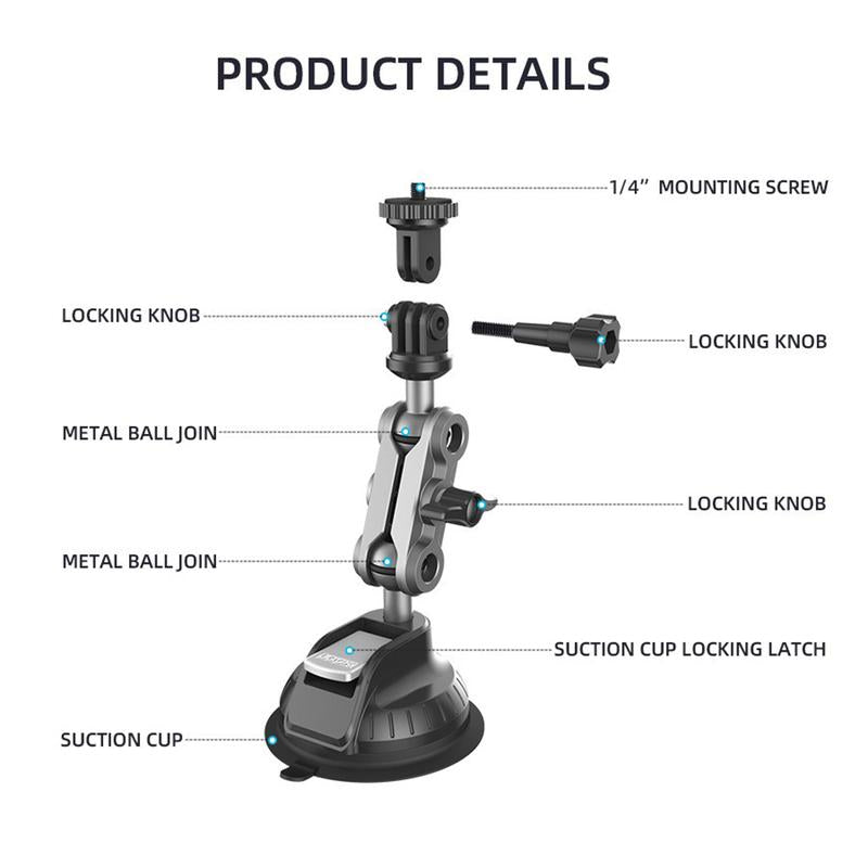 360° Rotation Suction Cup Camera Mount Holder for Car Windshield, Adjustable Dash Cam Camera Holder Stand Bracket 1/4" Holes Quick Release, for GPS Driving DVR Action Cam Camcorder Video Record POV/VLOG, Fits for Gopro Hero 13 12/11/10/9/8/7/6/5/4/3