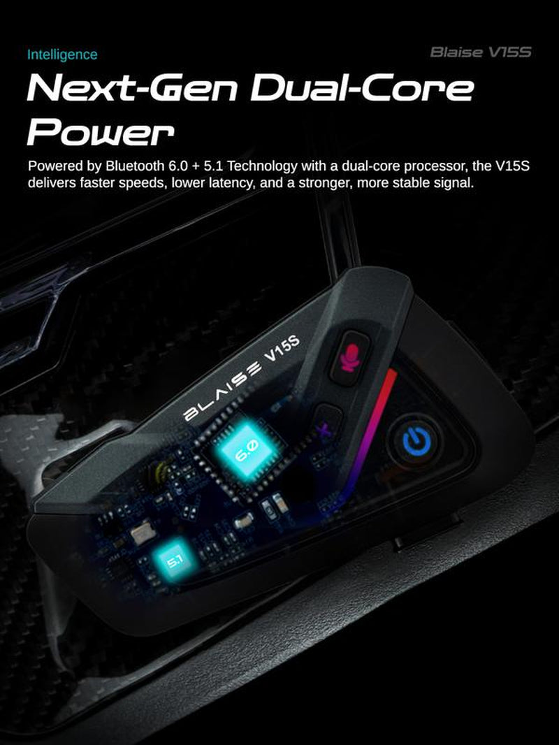 Blaise V15S Motorcycle Bluetooth Headset 15-Rider MESH Intercom Range 1000M Dual-Chip Crystal Clear at 120Km/H with ENC Noise Reduction 25H Battery & IP56 Waterproof ️ Music Sharing