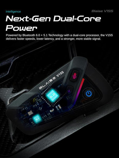 Blaise V15S Motorcycle Bluetooth Headset 15-Rider MESH Intercom Range 1000M Dual-Chip Crystal Clear at 120Km/H with ENC Noise Reduction 25H Battery & IP56 Waterproof ️ Music Sharing