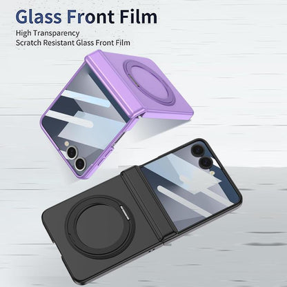 XIMAND for Samsung Galaxy Z Flip 7 Case with 360 Bracket Ring Holder Magnetic Hinge Protection & Built-In Front Screen Protector, Slim Texture Shockproof Case.