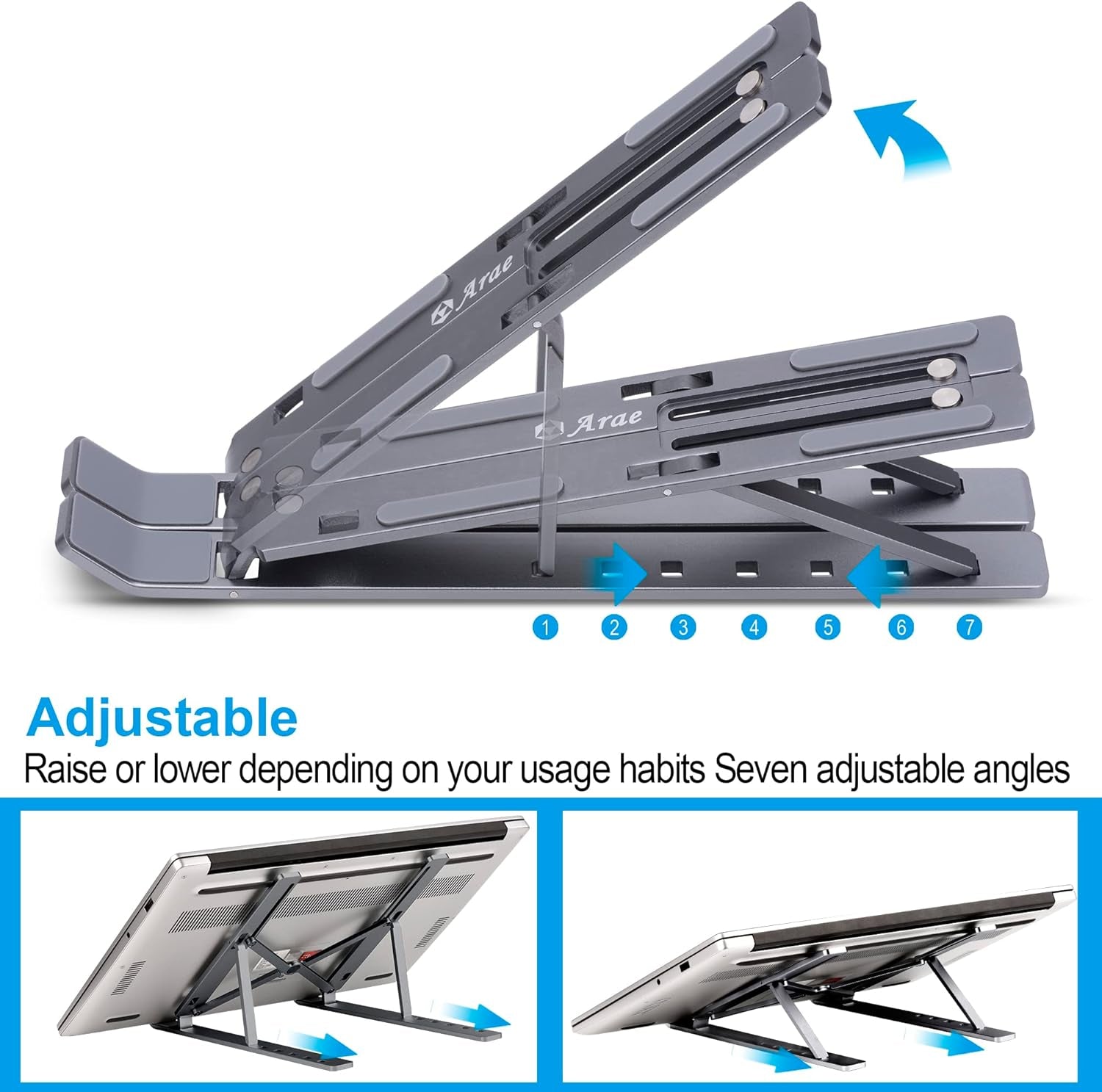 Laptop Stand for Desk, Adjustable Portable Laptop Riser, Aluminum Foldable Ergonomic Computer Stand, Ventilated Cooling Laptop Holder for 9-15.6’’ Laptops Tablet, Silver