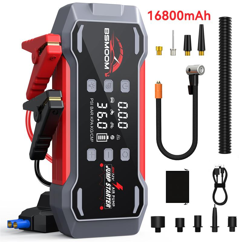 BSMOOM [7 in 1] 9000A Portable Car Jump Starter (For All Gas, 12.0L Diesel), with 150Psl Tire Inflator, 12V Battery, Blower All-In-One, 16800-20000Mah Power Bank Fast Charging , with LED Light