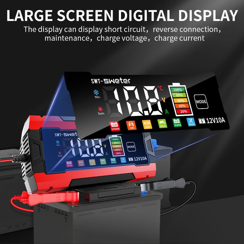 12V 10A Smart Car Battery Charger - US Pulg, Fully-Automatic Maintainer/Temperature Compensation & LCD Display, AC Adapter (110-240V), Suitable for AGM, Gel, SLA & More