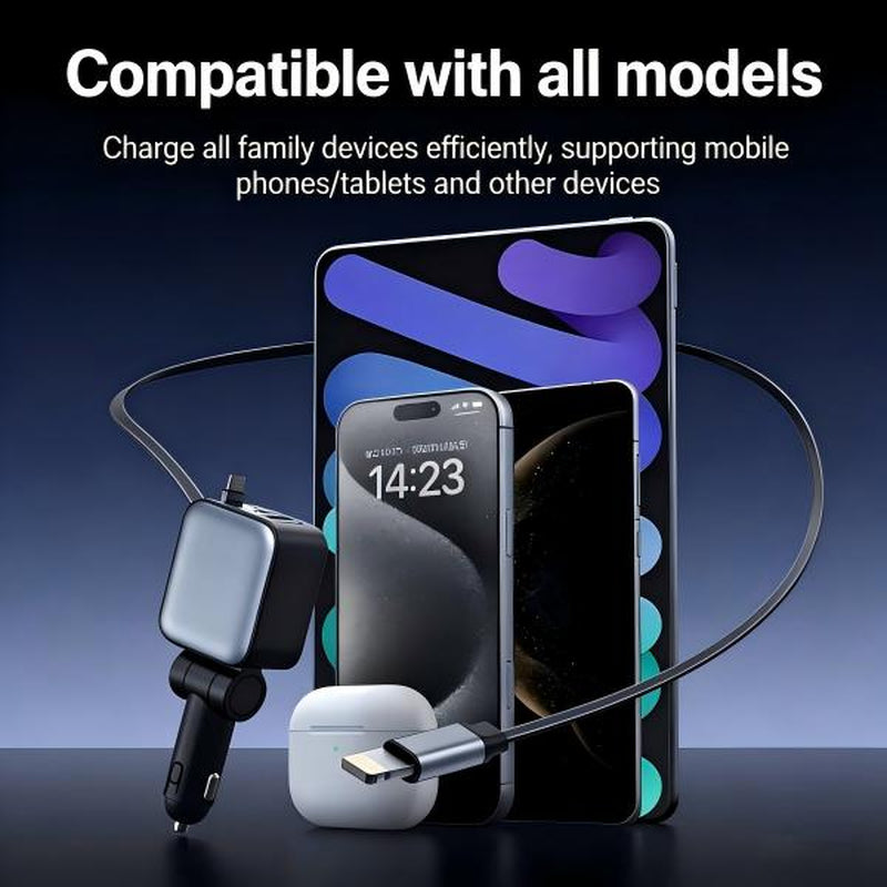 Four-In-One Retractable Car Charger, 80W Super Fast Charging, Dual Coiled Cables with 2 USB Ports, Compatible with Iphone 15/14/13/12 Pro Max & Galaxy S23 & More Bluetooth Phones
