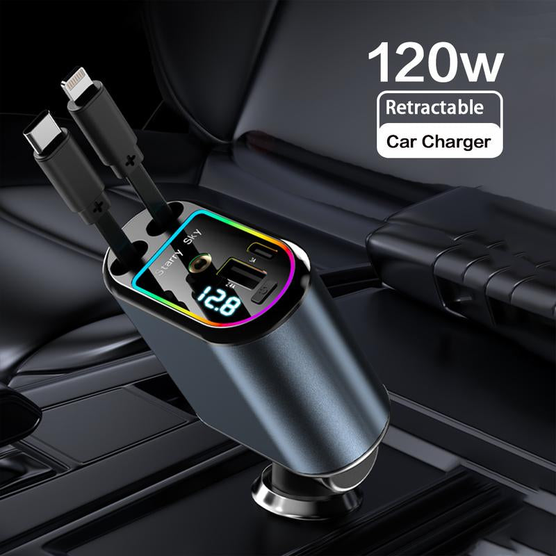 Retractable Car Charger Adapter for Iphone 17,4 in 1 Fast Charging Car Phone Charger,120W USB C Car Truck Accessories,Road Trip Essentials Gift for Men Women for Iphone 17 Pro Max/16/15/14/13/12,Galaxy